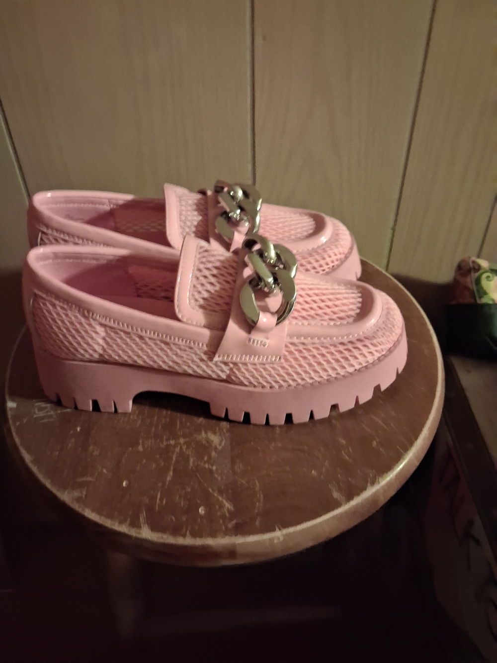 Nine West Pink Mesh Chain-Trim Loafers